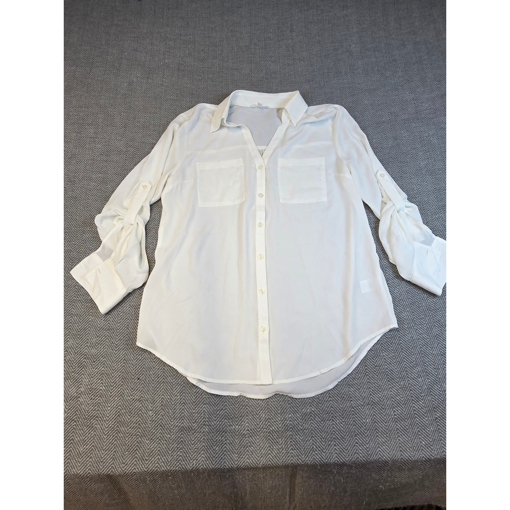 Maurices White Roll Tab Sleeve Button Up Blouse Small Semi Sheer V-Neck Top